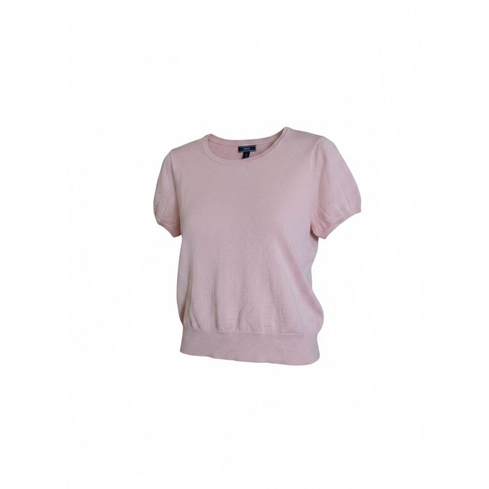Lands' End Crew Neck Short Sleeve Cotton Blend Knit Pullover Sweater Pink Large